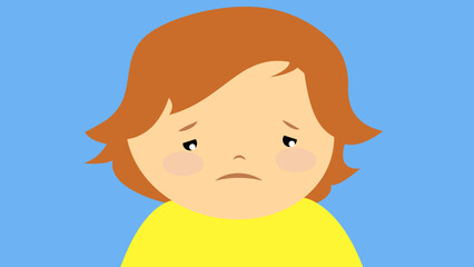 Sad little boy on blue background. Vector illustration in flat style.