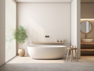 Naklejka na ściany i meble Interior design of a modern minimalist bathroom. Generative ai