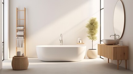 Fototapeta na wymiar Interior design of a modern minimalist bathroom. Generative ai