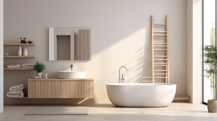 Fototapeta na wymiar Interior design of a modern minimalist bathroom. Generative ai
