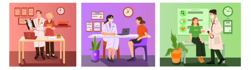 Obraz premium Collection of doctor appointment. Patient visit hospital for disease treatment. Professional psychology therapy, consultation and diagnosis, medical advice. Healthcare. Vector illustration
