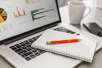 Home office. laptop screen with charts and diagrams