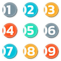 Circle numbers. Round number icon set. 1, 2, 3, 4, 5, 6, 7, 8, 9 buttons. Modern graphic design. Vector illustration.