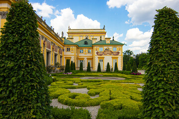 The baroque royal Wilanow Palace in Warsaw, Poland. View of a gardens and facade.