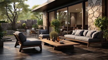 
Interior of modern living room 3D rendering image.There are wooden terrace,wooden floor and sofa