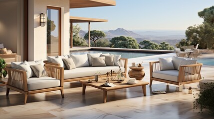 Fototapeta premium Interior of modern living room 3D rendering image.There are wooden terrace,wooden floor and sofa