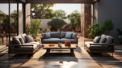 
Interior of modern living room 3D rendering image.There are wooden terrace,wooden floor and sofa