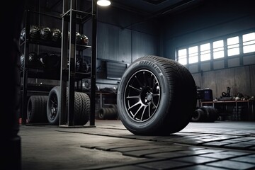 Car tire on the floor in the garage. Auto service industry
