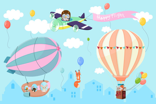 Cartoon air transport, hot air balloon, airship, plane. Various animals, penguin pilot, rabbit, fox, bird, hedgehog. Happy flight sign. Concept of travel, journey, travel, trip. Vector illustration