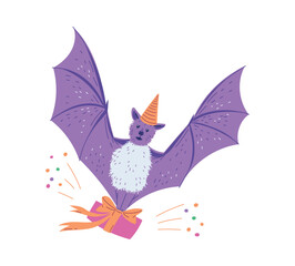 Cute cartoon bat with gift box in paws, cone on the head, congratulatory purple funny bat character, vector illustration