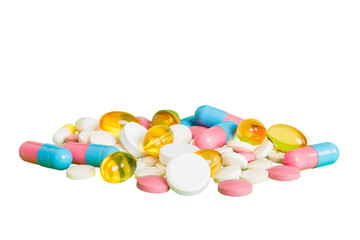 Many different colorful medication and pills perspective view. Set of many pills on colored background