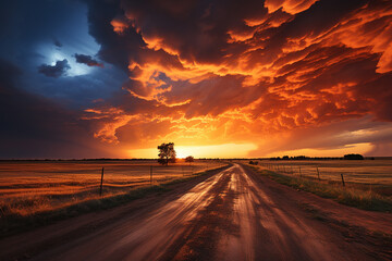 Spectacular cloud formation over a field. Beautiful sunset landscape. Sensational light show. Massive clouds.