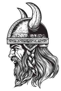 Head of a bearded viking with a formidable face in a helmet with horns isolated on a white background