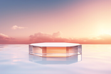 Transparent glass podium on crystal water surface in purple and yellow sunset with clouds sky background. Show case for cosmetic products, new product, promotion sale and presentation. Generative AI - obrazy, fototapety, plakaty