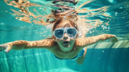 happy kid swimming in pool