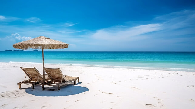 beach chairs with umbrella on beautiful tropical sand beach
