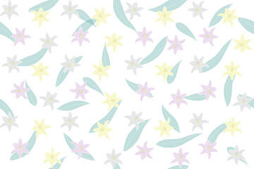 Illustration pattern of lily flower with leaves on white background.