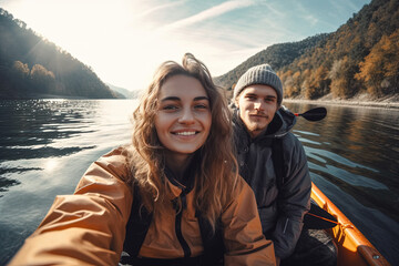 Selfie of young cute lovely couple in hat canoeing kayaking on river in boat on sunny day nature outdoors, created with Generative AI. - obrazy, fototapety, plakaty