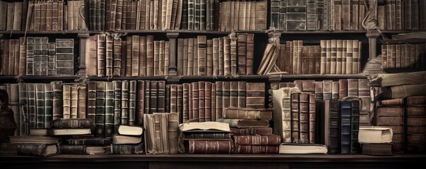 A wall full of Old ancient books of a library, holding many historical books and manuscripts.