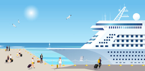 Cruise liner, beach resort, passenger, tourist, summer voyage, holiday trip, travel, vacation, tourism, blue ocean, caribbean and atlantic journey, harbor, man and woman. Vector illustration © GN.STUDIO