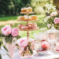 Dessert buffet with peony flowers, catering for wedding, party and holiday celebration, cakes and desserts in a countryside garden, generative ai