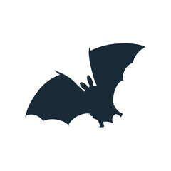 Vector isolated icon illustration cartoon bat flies spreading its wings, black silhouette of halloween bat on white