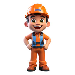 Fototapeta premium 3d cartoon character of a worker wearing an orange vest and orange helmet, laughing cheerfully, isolated transparent background, International Labor Day. International Worker’s Day. Generative AI 