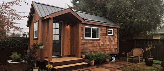 Cozy tiny house on wheels in a domestic backyard setting.