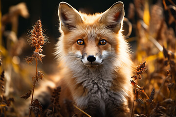 Beautiful adult fox in a field. Close-up photo, portrait of a fox in autumn light.