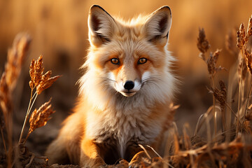 Fototapeta premium Beautiful adult fox in a field. Close-up photo, portrait of a fox in autumn light.