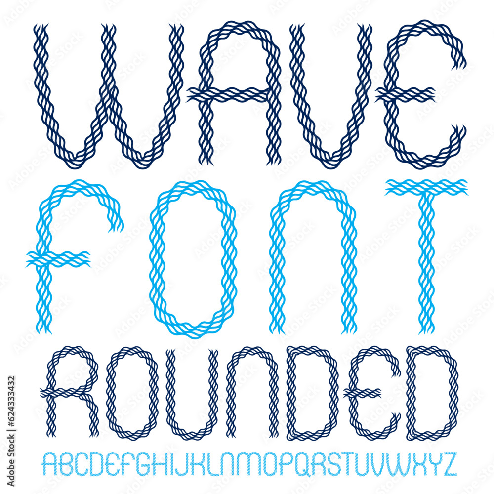 Poster vector lower case rounded alphabet letters collection made with abstract flowing rhythm wave lines.