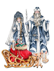 Watercolor illustration of Santa Claus with Christmas stick in blue coat with white ornament, Snow Maiden in blue dress and baby animals .Russian Santa Claus and his granddaughter