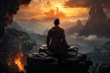 Person meditating on a mountain peak, symbolizing the spiritual ascent and inner exploration of a soul's journey. Generative Ai