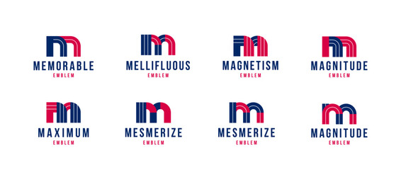 Letter m logo elements set, vector trendy retro initial, geometric monogram design symbol M.