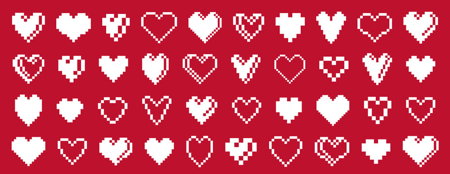 8bit pixel hearts vector logos or icons set, retro game from 90s 8 bit style heart symbols collection, graphic design stylish elements.