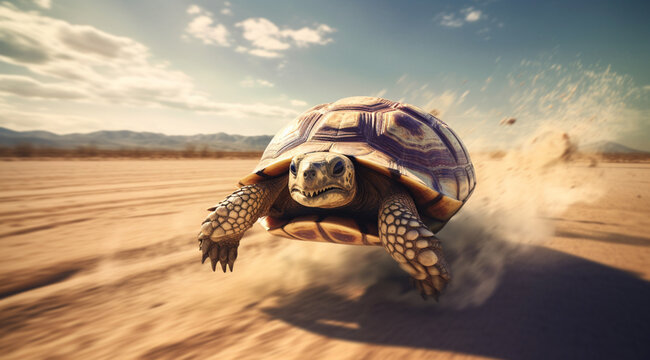 Fast turtle running at full speed in the desert