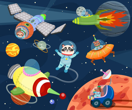 Set of outer space cartoon development. Rocket, planet, animal astronauts, various spaceships, ufo, satellite. Science astronomy research, galaxy and cosmos exploration. Vector illustration