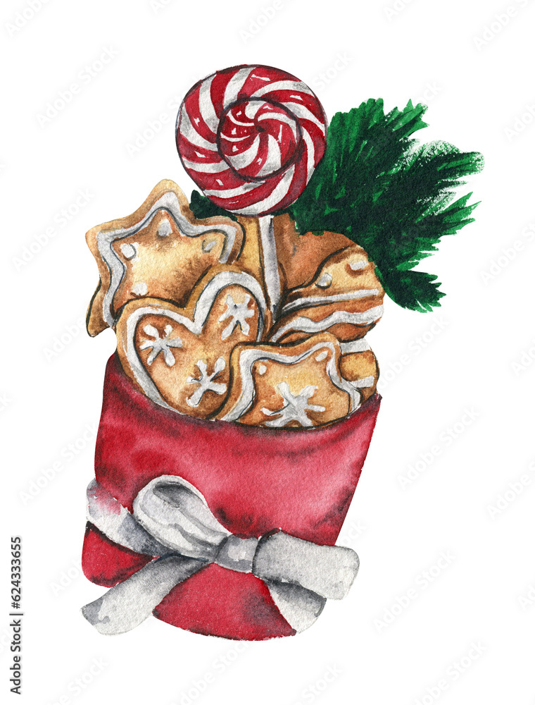 Wall mural Christmas box gingerbread cookie . Watercolor hand drawn illustration for invitations, greeting cards, prints, packaging and more. Merry christmas and happy new year.