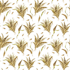 Wheat ear bunch watercolor seamless pattern isolated on white background. Spikelet of rye, barley, grains hand drawn. Design element for textile, paper, packaging, label grocery, bakery, wrapping