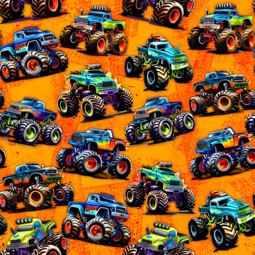 Seamless pattern a colorful monster trucks