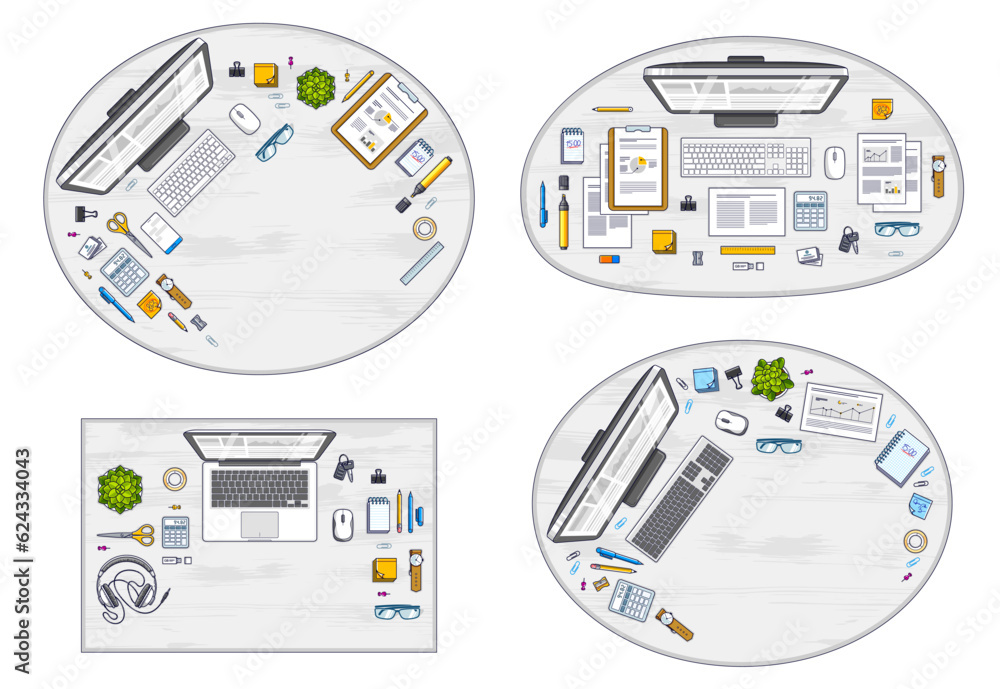 Poster work desks workspaces top view with pc or laptops and a lot of different stationery objects and anal