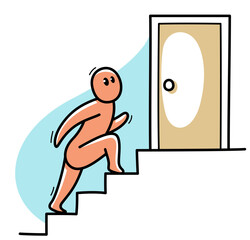 Funny cartoon man climbing up stairs vector flat style illustration isolated on white, career and ambitions concept, business success.