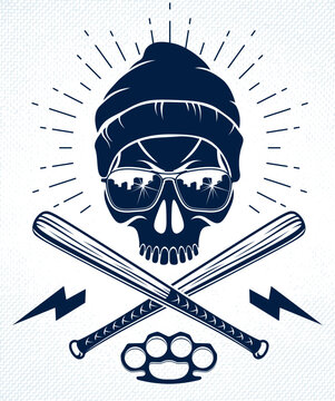 Gangster emblem logo or tattoo with aggressive skull baseball bats design elements, vector, criminal ghetto vintage style, gangster anarchy or mafia theme.