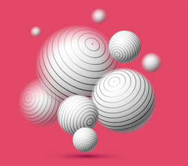Blurred defocused spheres over red vector abstract background, balls levitating wallpaper.