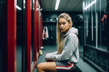 Fototapeta na wymiar Beautiful young woman sitting in gym locker room , Female athlete in sportswear getting ready to train in the gym , Created with Generative Ai Technology