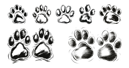 Naklejka premium Set of Dog paw hand drawn sketch pet footprint illustration