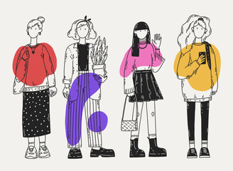 Vector casual style girls. Bright graphic cartoon vector illustration. Hand-drawn four women in fashion clothes.