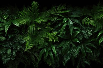 Fototapeta na wymiar Fern fronds, Philodendron leaves (Philodendron gloriosum), and lush tropical foliage on a dark background.