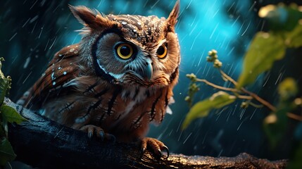 owl on a branch heading for the rain on a blurred background