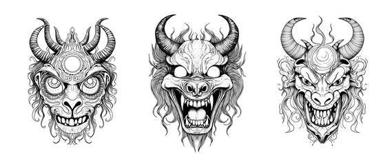 Horror devilish creature portrait. Terrible mask for coloring. Mystical and spooky characters created  with generative AI.